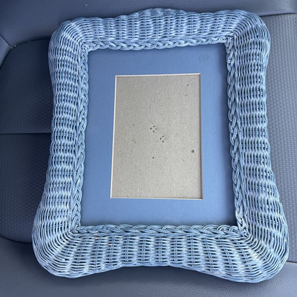 Vintage 1990s Blue Scalloped Real Wicker Frame Cottagecore Shabby 8x10 Photo